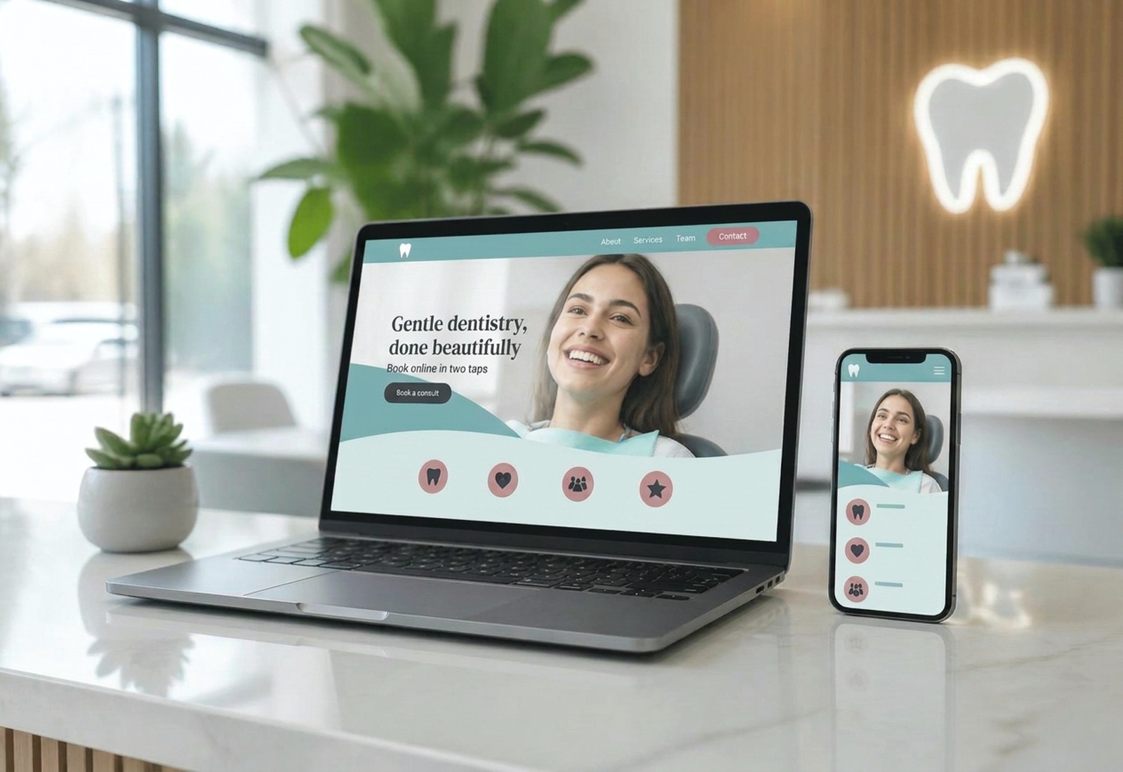 Practice website shown on a laptop and phone in a dental reception