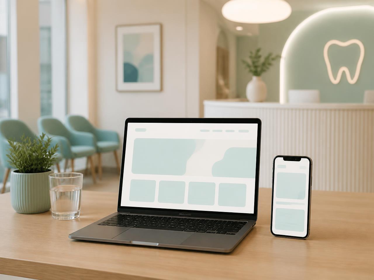 Practice website shown on a laptop and phone in a dental reception